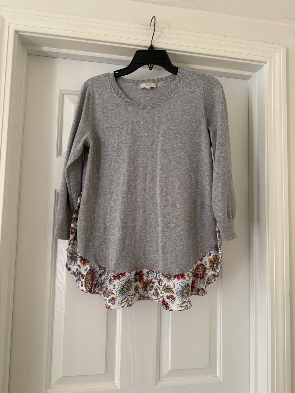 LOFT Gray Sweater with Floral Printed Hem